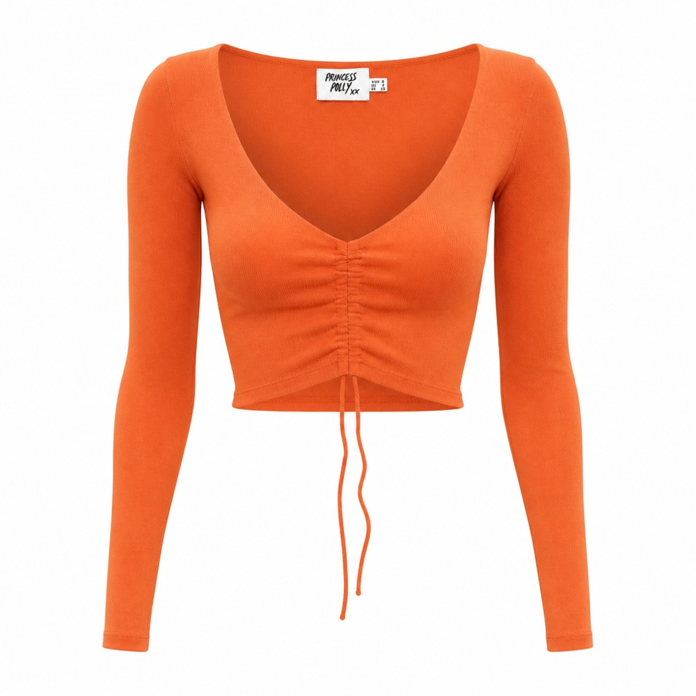 Princess Polly Shimmer Orange Long Sleeve Cinched Front Crop Top